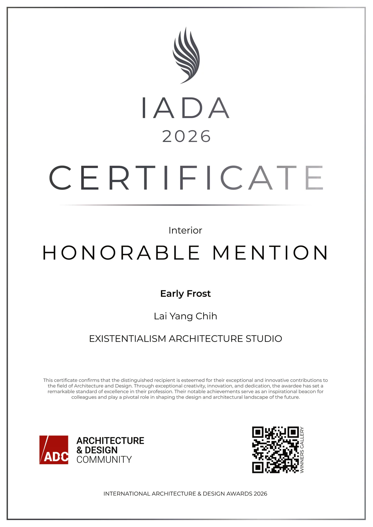 IADA 2026 Honorable Mention 證書（Interior｜Early Frost｜Lai Yang Chih）